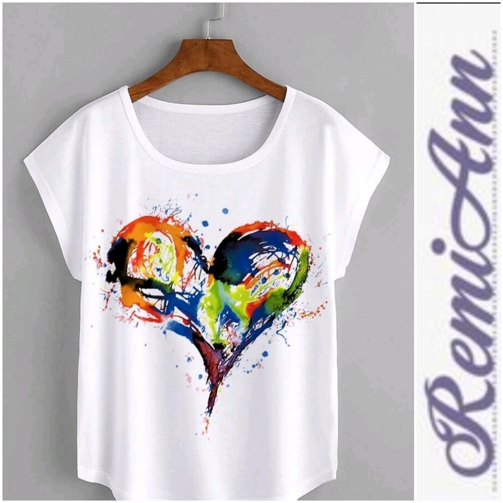 Heart Print Batwing Sleeve Tee